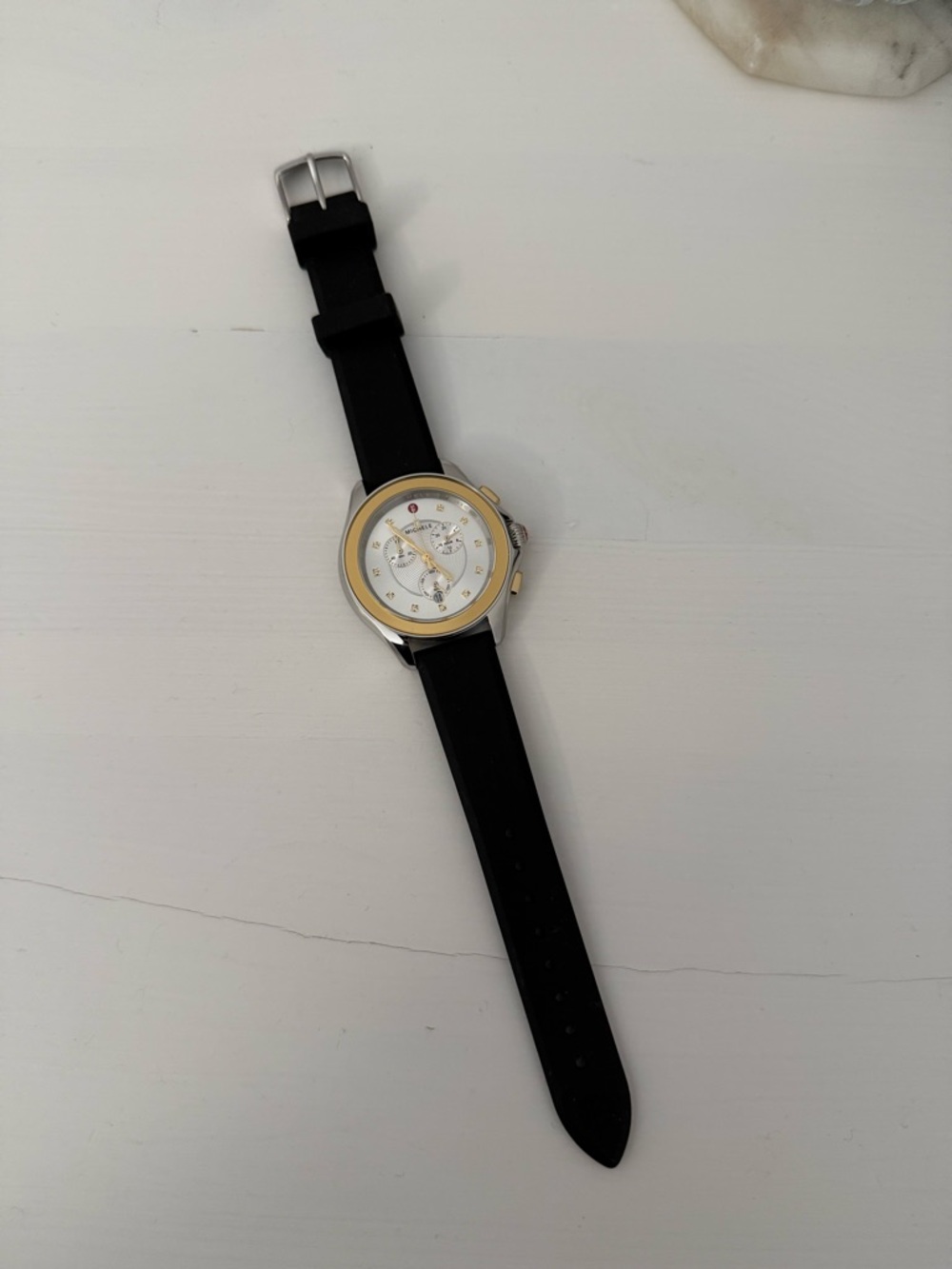 Michele Two-Tone Gold & Silver Case Watch with Black Strap